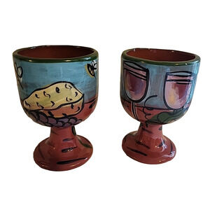 Lot of 2 90s Studio Art Pottery Hand Made Clay Glazed Goblet Grapes Signed 5"